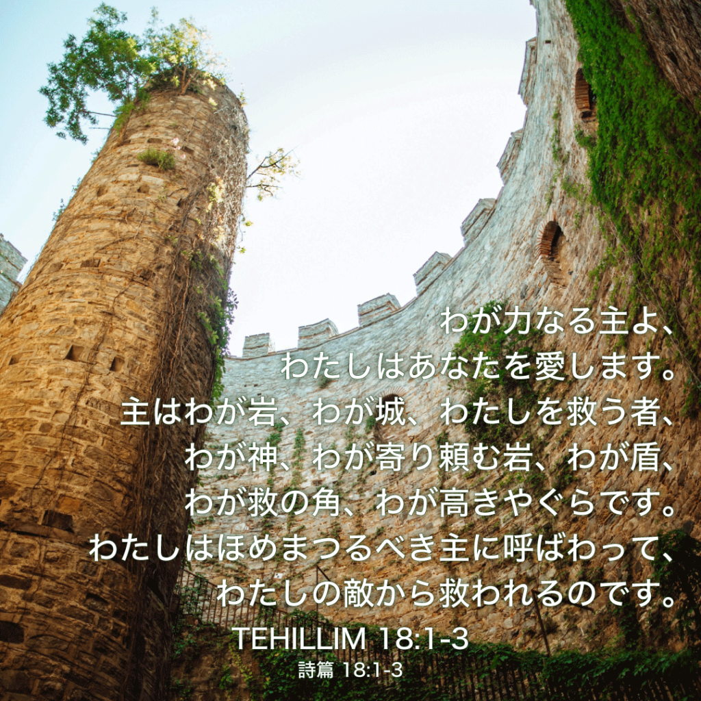 TEHILLIM(詩篇)18章1節〜3節：わが力なる主よ、わたしはあなたを愛します。主はわが岩、わが城、わたしを救う者、わが神、わが寄り頼む岩、わが盾、わが救の角、わが高きやぐらです。わたしはほめまつるべき主に呼ばわって、わたしの敵から救われるのです。