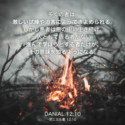 DANIAL(ダニエル書)12章10節：多くの者は、激しい試練や迫害によってきよめられる。しかし悪者は悪の中に生き続け、一人として悟る者がない。進んで学ぼうとする者だけが、その意味を知るようになる。