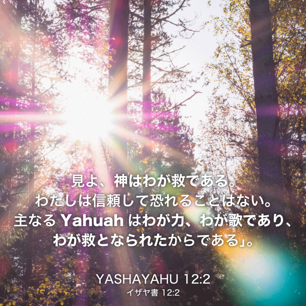 YASHAYAHU(イザヤ書)12章2節：見よ、神はわが救である。わたしは信頼して恐れることはない。主なるYahuahはわが力、わが歌であり、わが救となられたからである」。