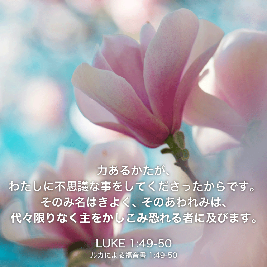 LUKE(ルカによる福音書)1章49節〜50節：力あるかたが、わたしに不思議な事をしてくださったからです。そのみ名はきよく、 そのあわれみは、代々限りなく主をかしこみ恐れる者に及びます。