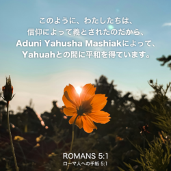 ROMANS(ローマ人への手紙)5章1節：このように、わたしたちは、 信仰によって義とされたのだから、Aduni Yahusha Mashiakによって、Yahuahとの間に平和を得ています。