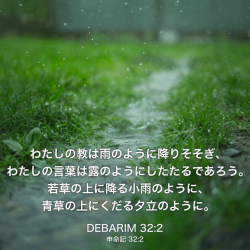 DEBARIM(申命記) 32章2節：わたしの教は雨のように降りそそぎ、わたしの言葉は露のようにしたたるであろう。若草の上に降る小雨のように、青草の上にくだる夕立のように。