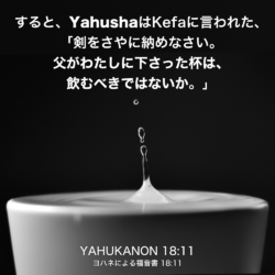 YAHUKANON(ヨハネによる福音書) 18章11節：すると、YahushaはKefaに言われた、「剣をさやに納めなさい。父がわたしに下さった杯は、飲むべきではないか。」