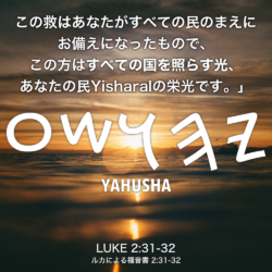 LUKE(ルカによる福音書) 2章31節-32節：この救はあなたがすべての民のまえにお備えになったもので、この方はすべての国を照らす光、あなたの民Yisharalの栄光です。」